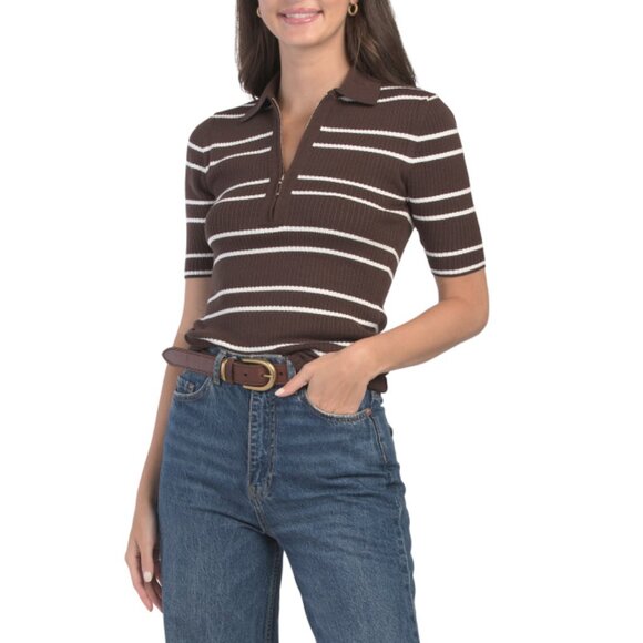 ELIE TAHARI DARK CHOCOLATE Elbow Sleeve Half Zip Striped Pull Over Top - Picture 1 of 2